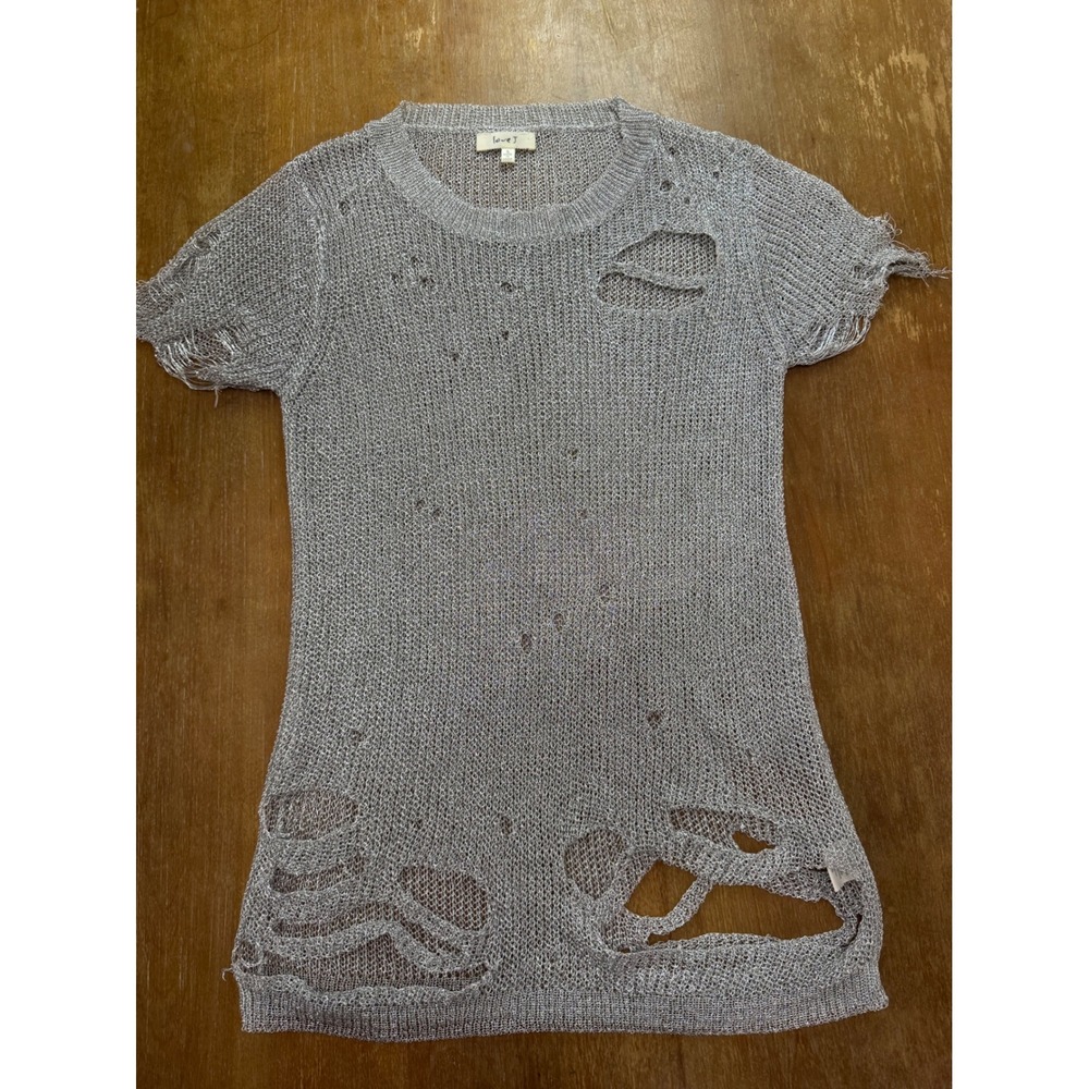 Love J Silver Metallic Distressed Knit Top Short Sleeve Mesh Grunge TA81773 S